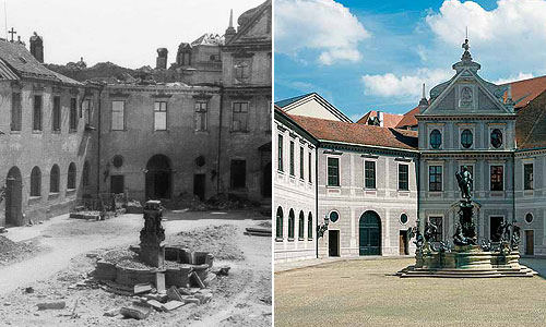 Bild: Brunnenhof, Zustand 1944 und heute