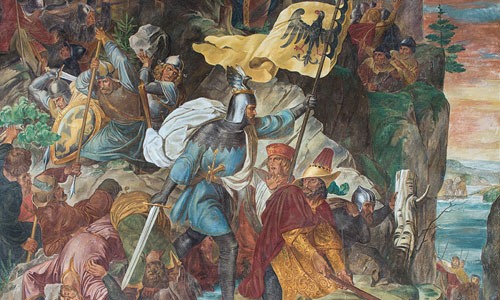 Bild: Fresko: "Befreyung des teutschen Heeres im Engpasse von Chiusa durch Otto den Großen von Wittelsbach 1155"