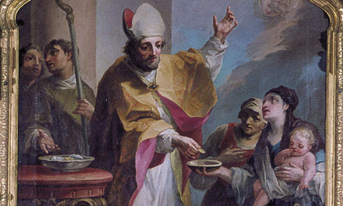 Bild: "Der heilige Maximilian verteilt Almosen" (rechter Seitenaltar)