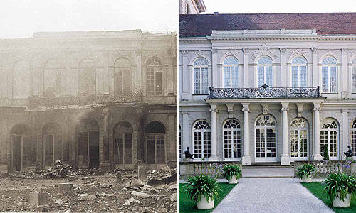Bild: Königsbauhof, Zustand 1944 und heute